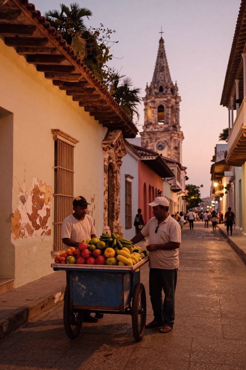 Colonial Cartagena Colombia Street Scene Copper Light Evening with Local Vendor and Mug in in Cartagena, Colombia