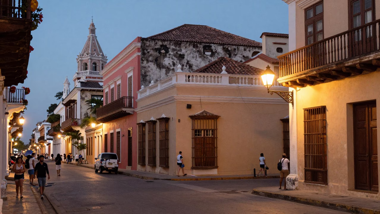 Colonial Cartagena Colombia street scene with pastel buildings and evening lights in in Cartagena, Colombia