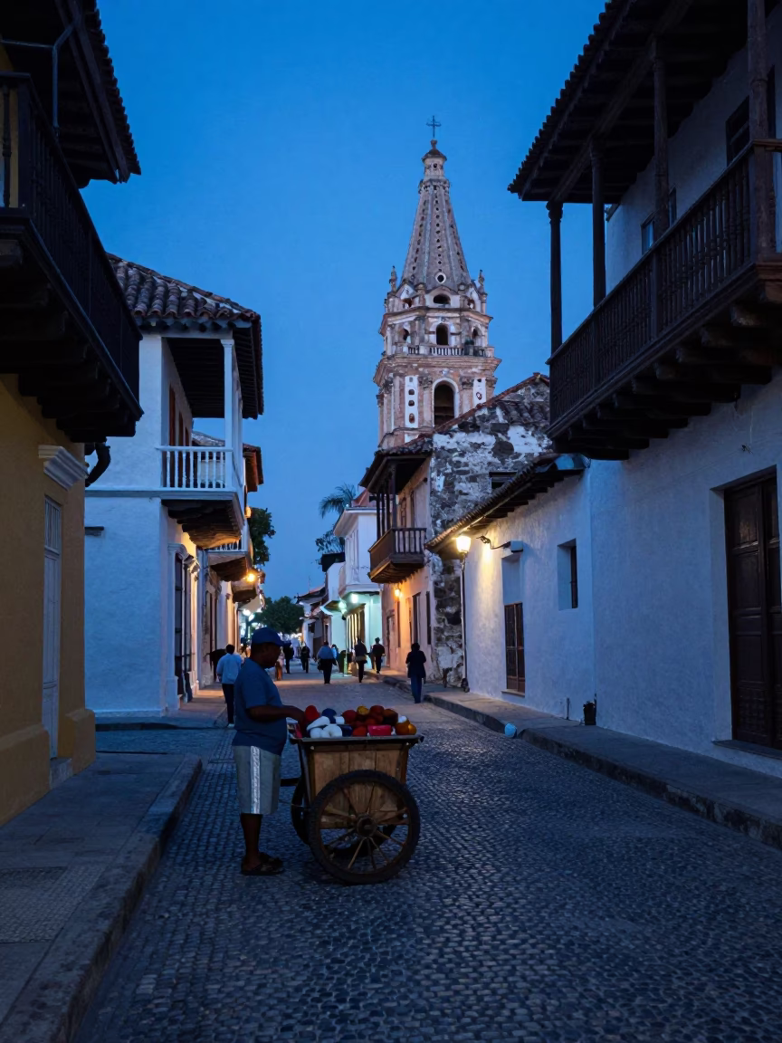 Colonial Cartagena Evening Blue Hour Street Scene with Local Market Details in in Cartagena, Colombia