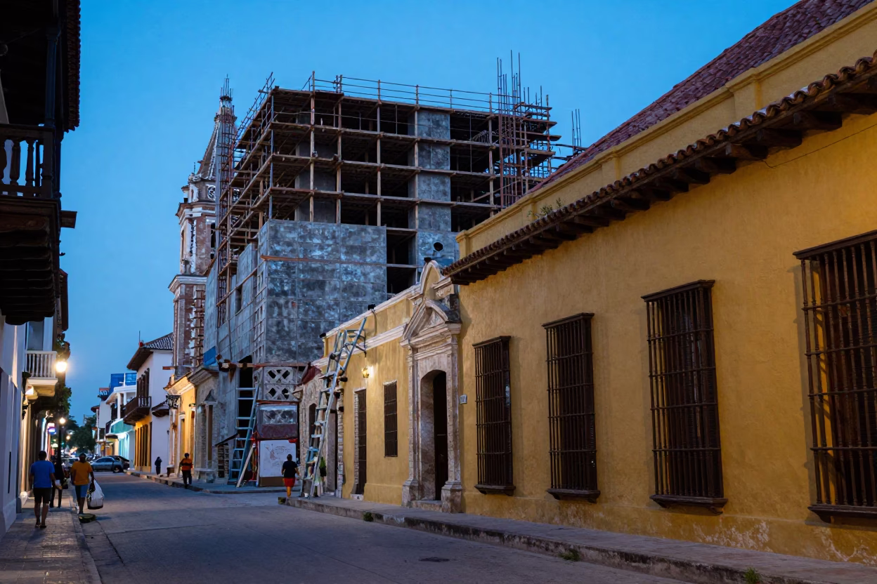 Colonial Cartagena Evening Street Scene with Construction and Historic Architecture in in Cartagena, Colombia