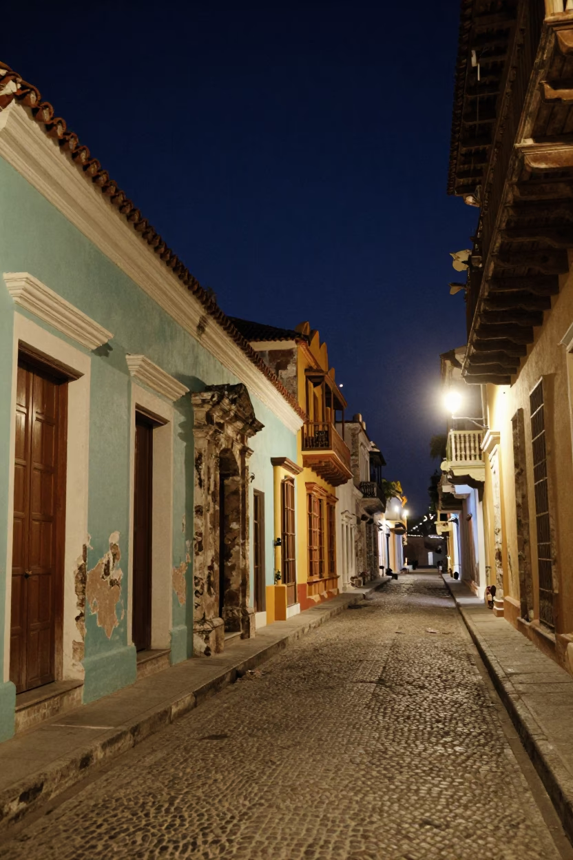Colonial Cartagena night street scene with historic architecture and local life in in Cartagena, Colombia