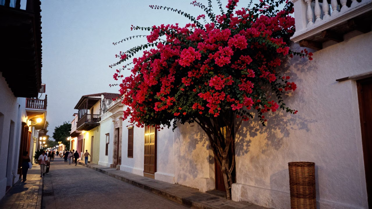 Colonial Cartagena Street at Dusk with Bougainvillea and Wicker Shadows in in Cartagena, Colombia