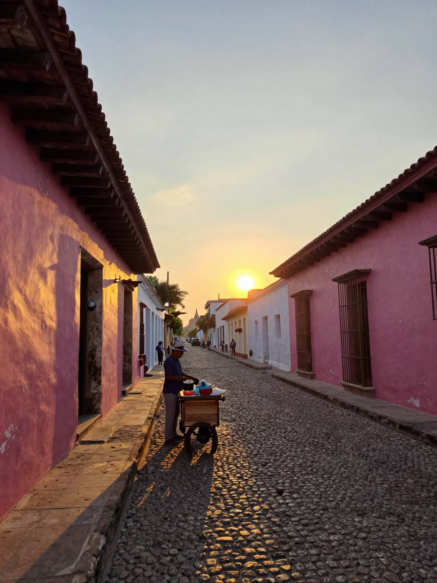 Colonial Cartagena Street Scene at Sunset with Local Vendor and Traditional Decor in in Cartagena, Colombia