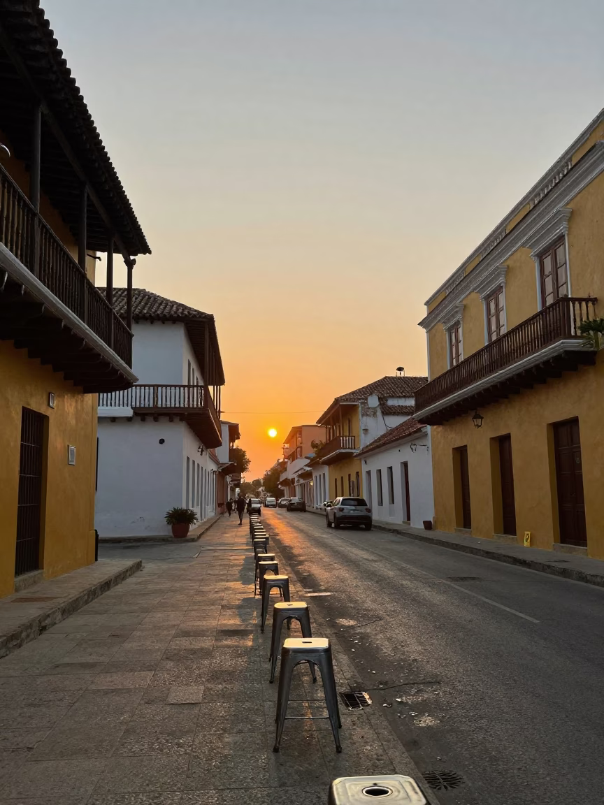 Colonial Cartagena Street Scene at Sunset with Metal Stools and Local Dining in in Cartagena, Colombia