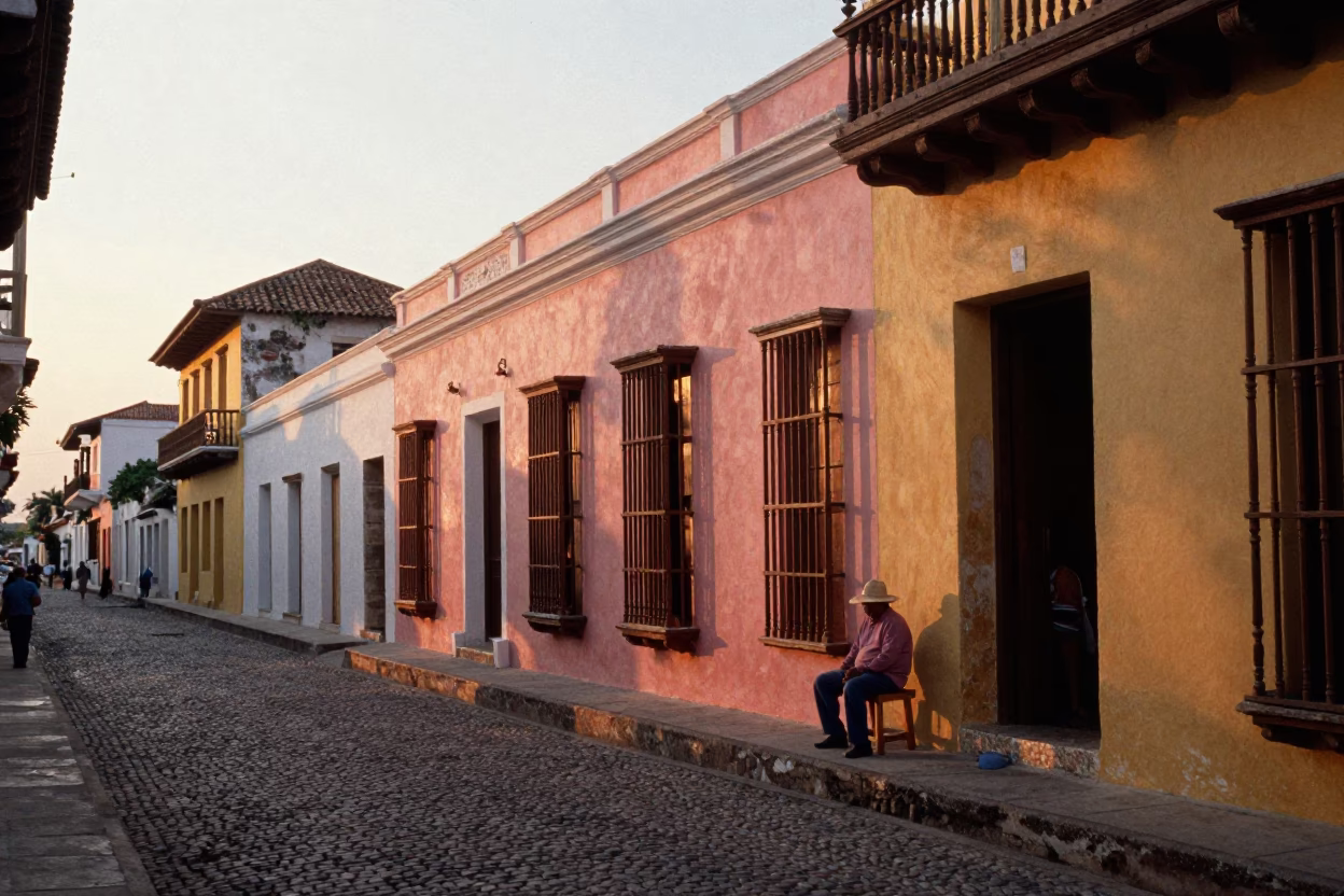 Colonial Cartagena Street Scene at Sunset with Straw Hat and Coiled Rope in in Cartagena, Colombia