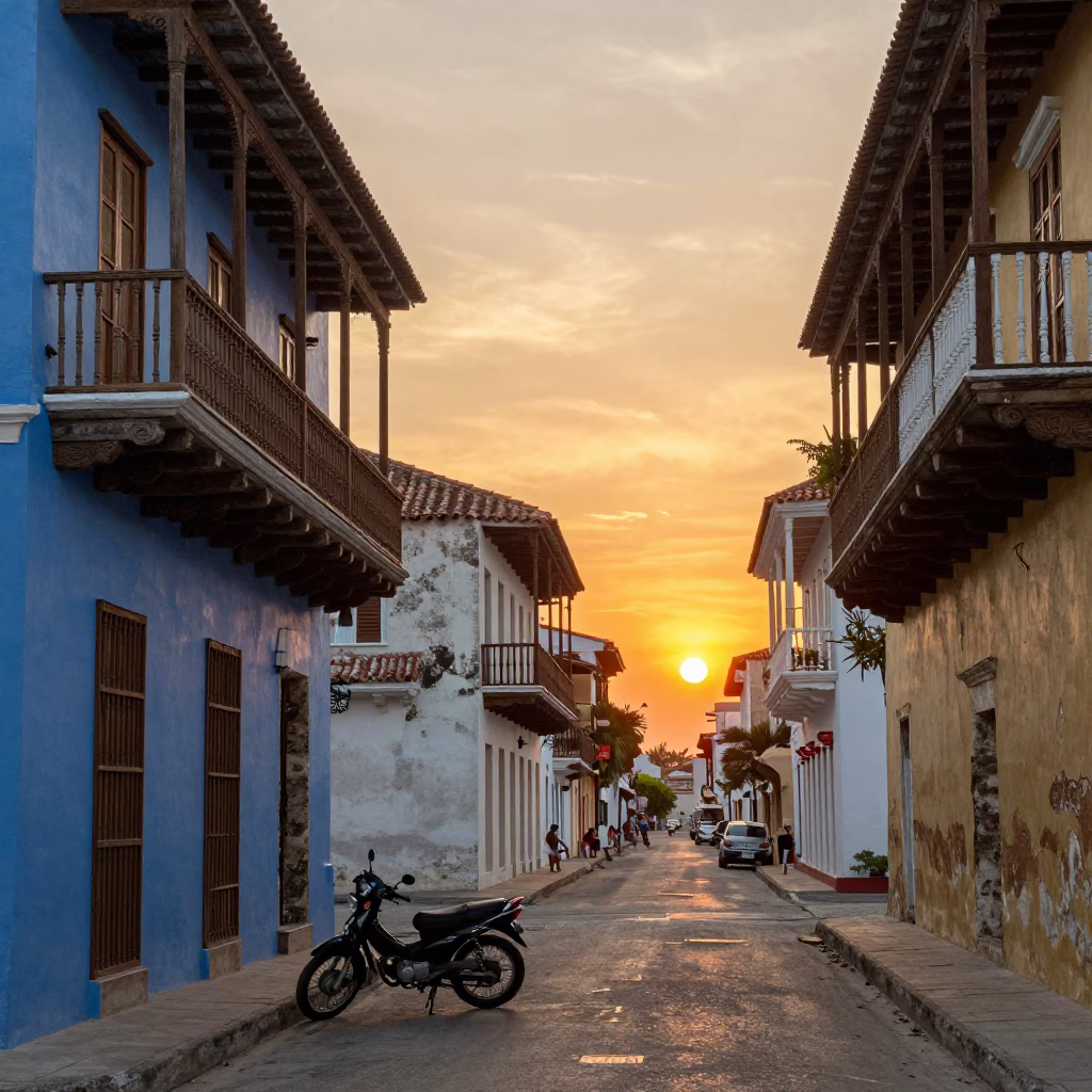 Colonial Cartagena Street Scene at Sunset with Vintage Motorcycle and Brass Details in in Cartagena, Colombia
