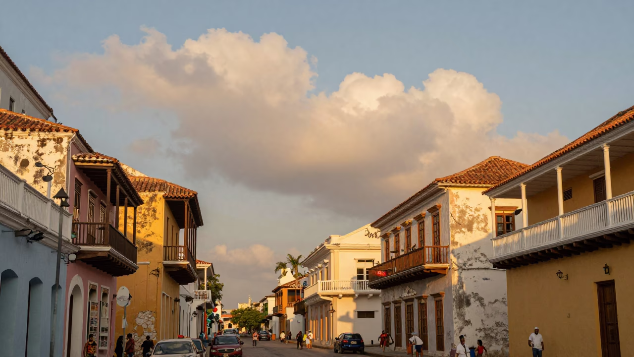 Colonial Cartagena Street Scene with Morning Glory Clouds and Local Market Activity in in Cartagena, Colombia