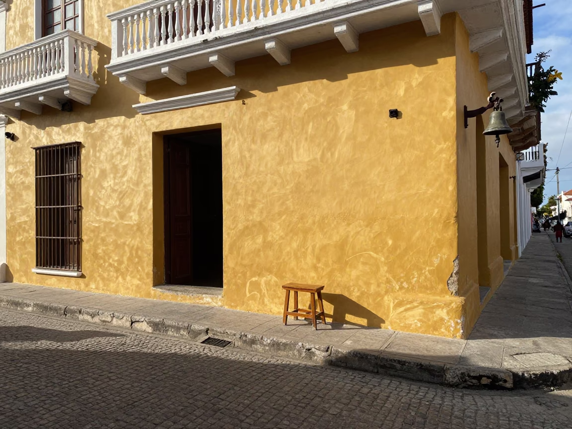 Colonial Cartagena Street Scene with Stool and Bell in Early Afternoon Light in in Cartagena, Colombia
