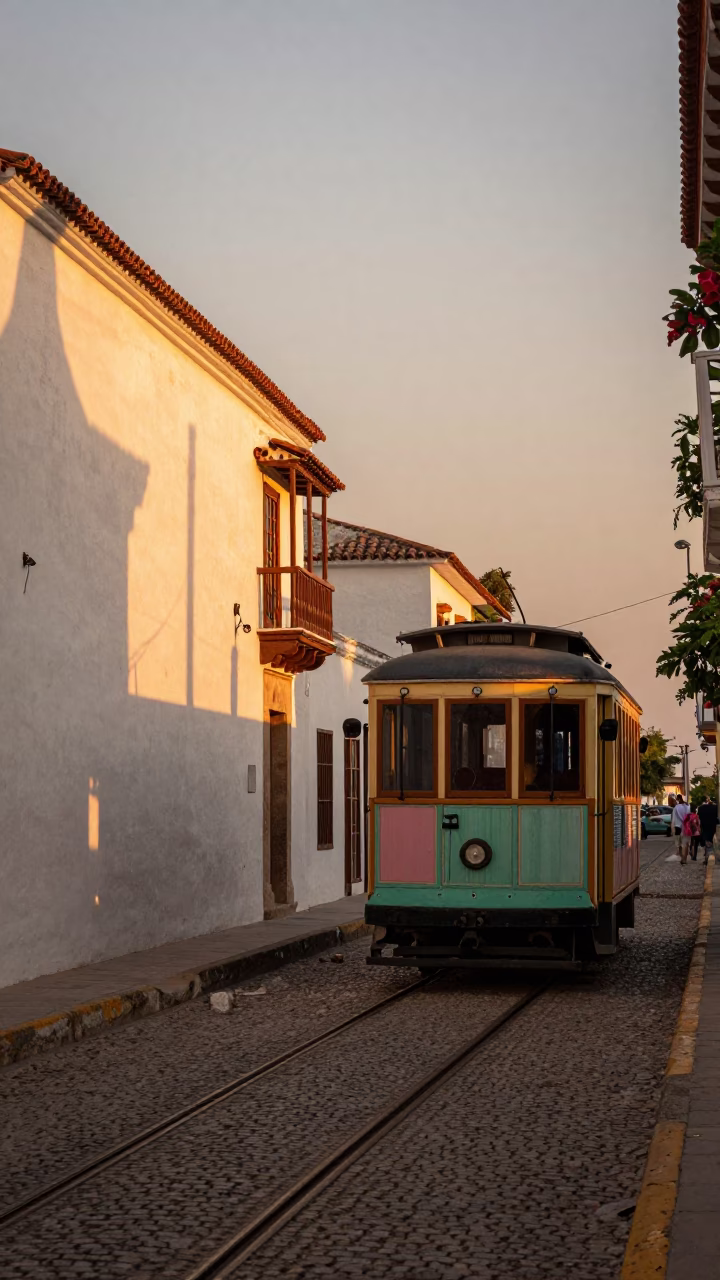 Colonial Cartagena Sunset Street Scene with Old Trolley and Local Life in in Cartagena, Colombia