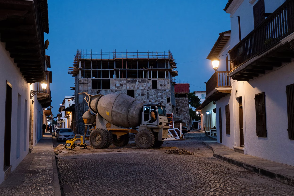 Colonial Cartagena Twilight Street Scene with Construction and Urban Life in in Cartagena, Colombia
