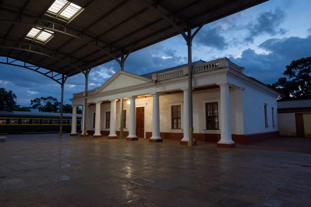 Colonial House Columns Restored Train Terminal Masvingo in inside a restored train terminal near Masvingo