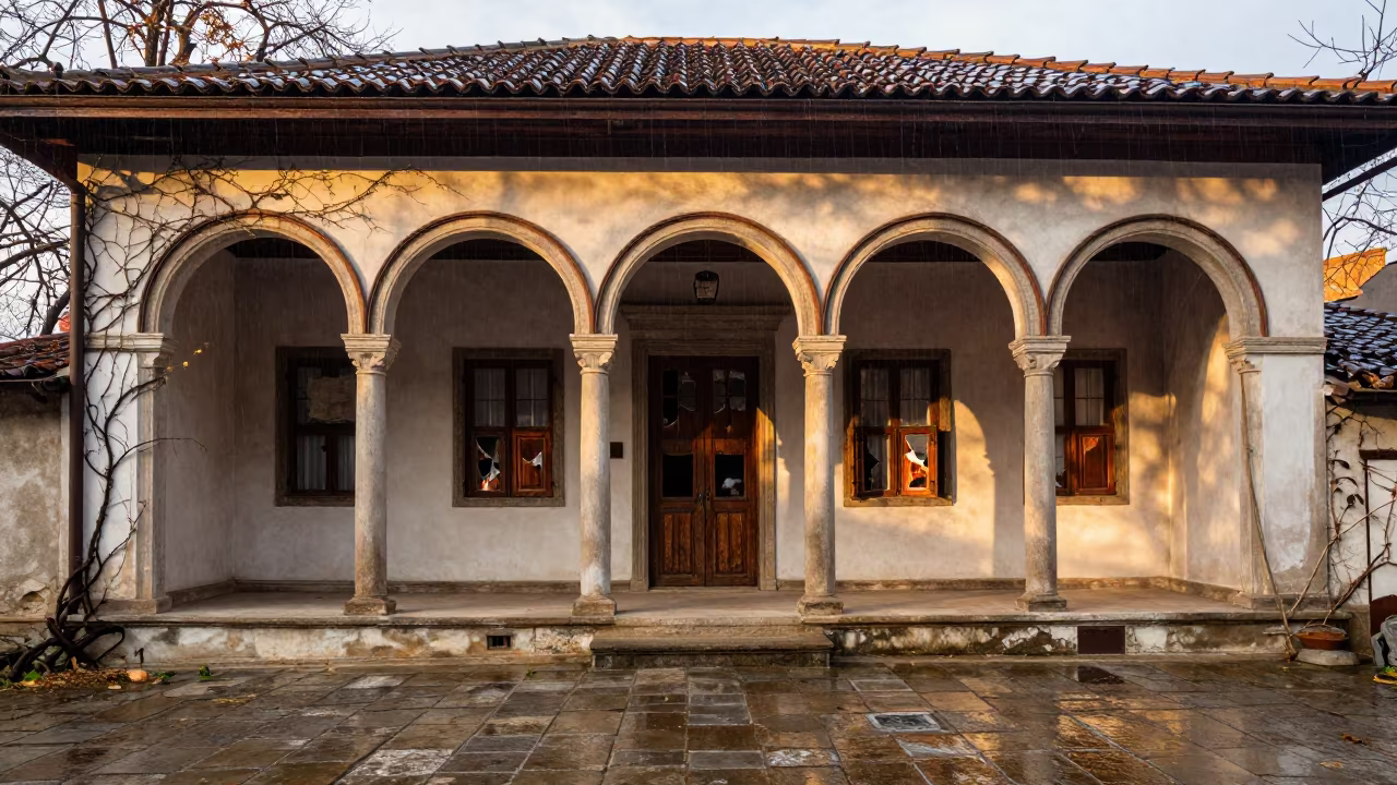 Colonial Mansion Ruin in North Macedonia Rain in inside a roofless nave in North Macedonia
