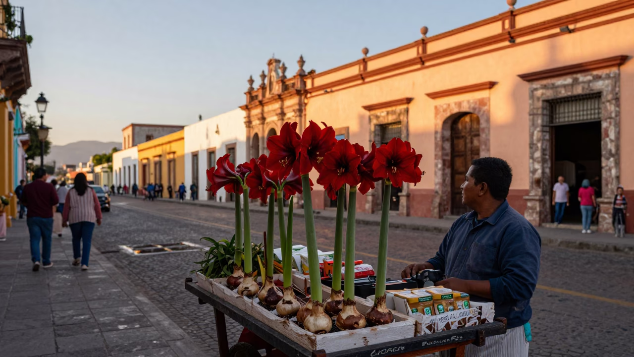 Colonial Merida Mexico Early Evening Street Scene with Amaryllis and Traditional Architecture in in Merida, Mexico