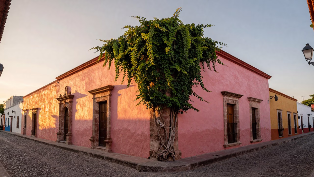 Colonial Merida Mexico Street Scene at Sunset with Stone Walls and Local Life in in Merida, Mexico