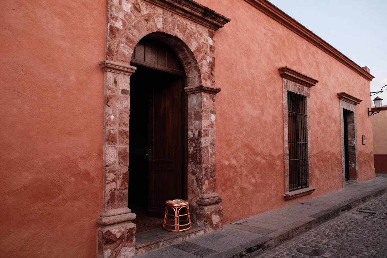 Colonial Merida Street Scene with Rattan Stool in Copper Dusk Light Before Sunset in in Merida, Mexico