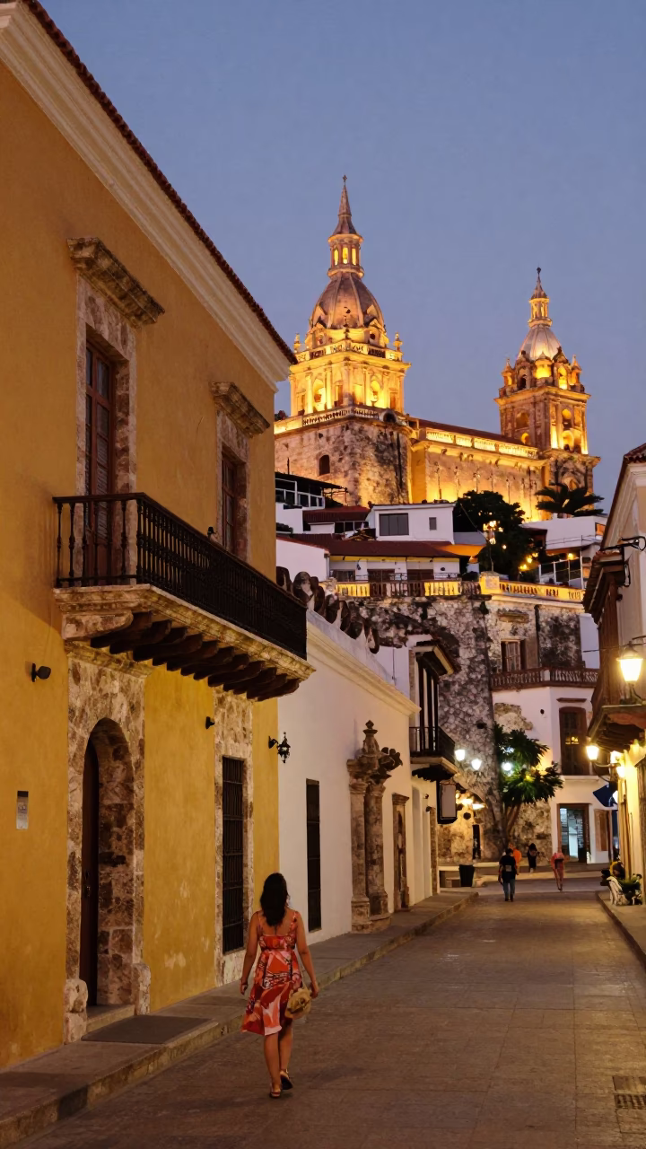 Colonial Plaza Evening in Cartagena Colombia with Stone Architecture and Street Life in in Cartagena, Colombia