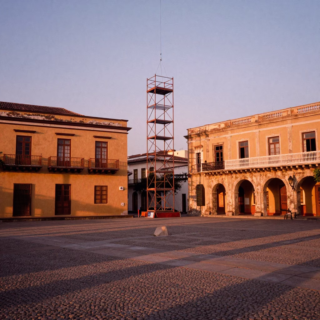 Colonial Plaza in Cartagena Colombia Before Dusk with Bridge Maintenance Cage Swinging in Crosswind in in Cartagena, Colombia
