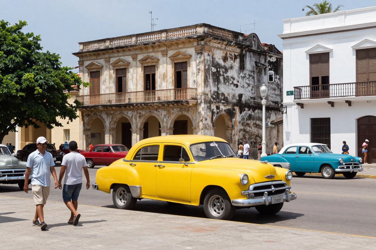 Colonial Plaza in Cartagena Colombia Midday Sunlight and Vintage Automobiles in in Cartagena, Colombia