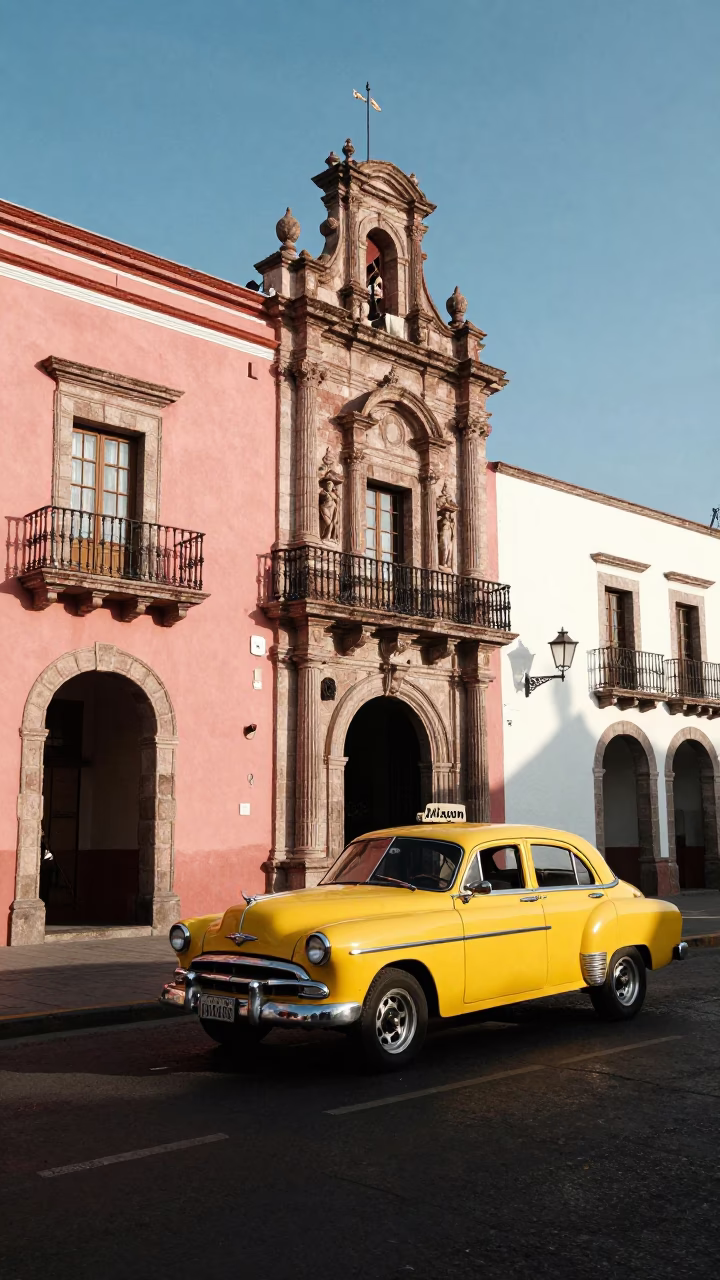 Colonial Plaza Merida Late Afternoon Street Scene with Yellow Taxi and Clear Glass Rail in in Merida, Mexico