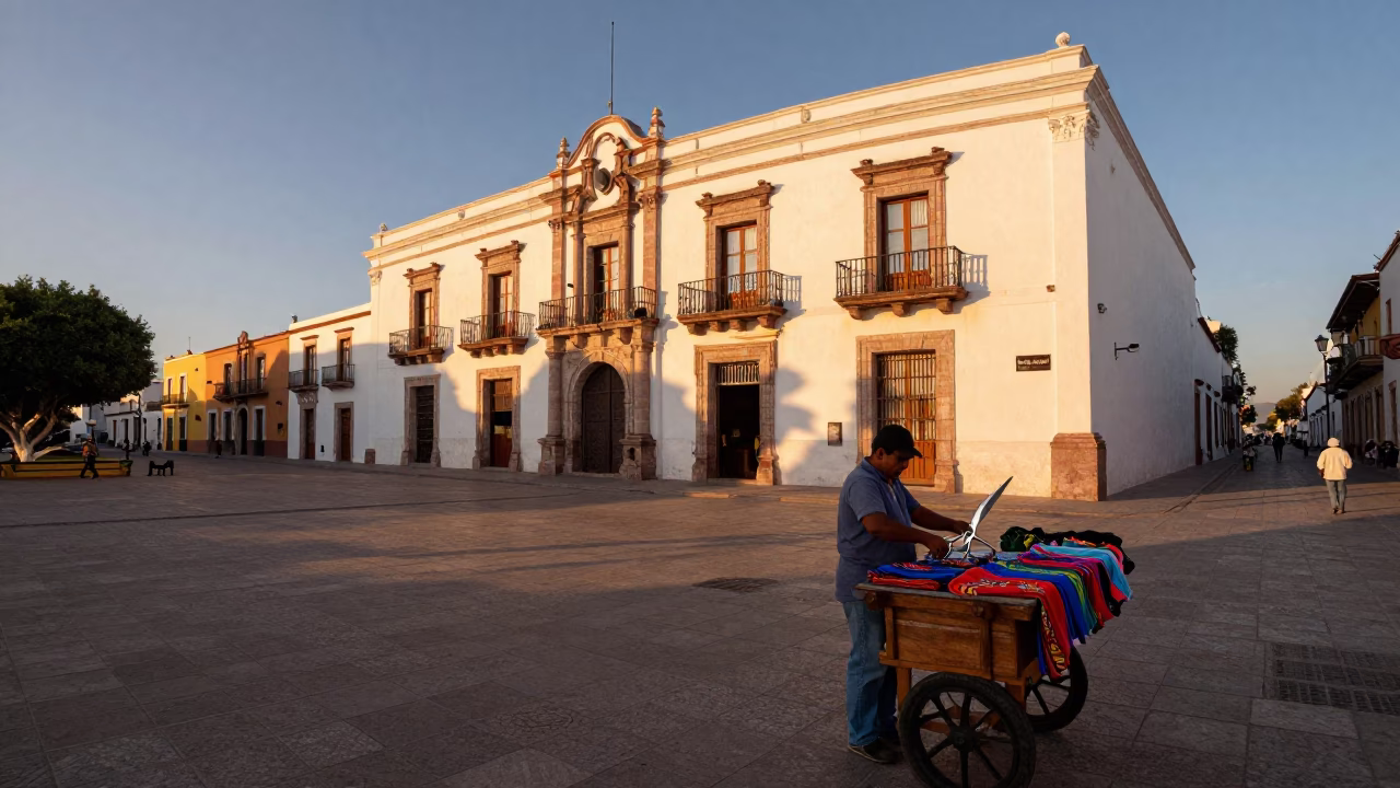 Colonial Plaza Merida Mexico Evening Light Local Street Scene in in Merida, Mexico