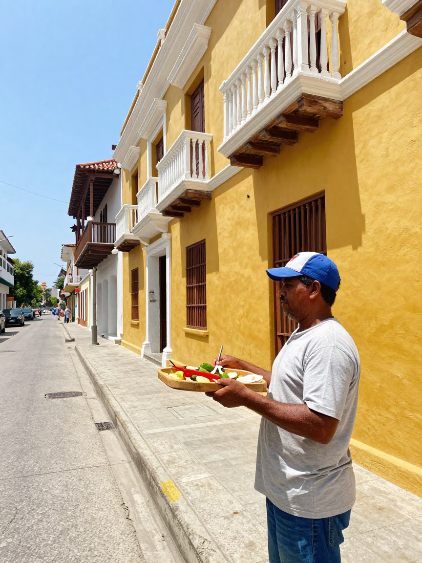 Colonial Plaza Scene in Cartagena Colombia with Yellow Building and Street Vendor in in Cartagena, Colombia
