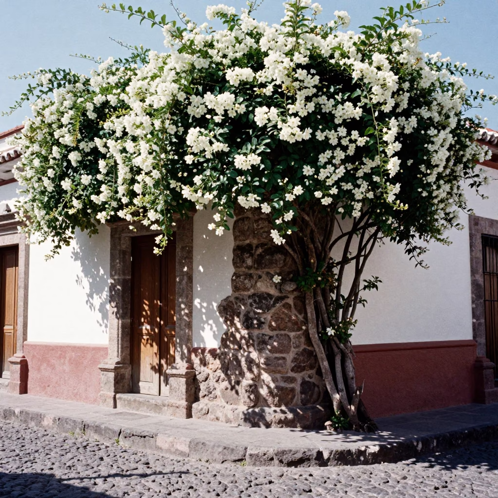 Colonial Quito Street Scene with Climbing Vines and Bright Morning Light in in Quito, Ecuador