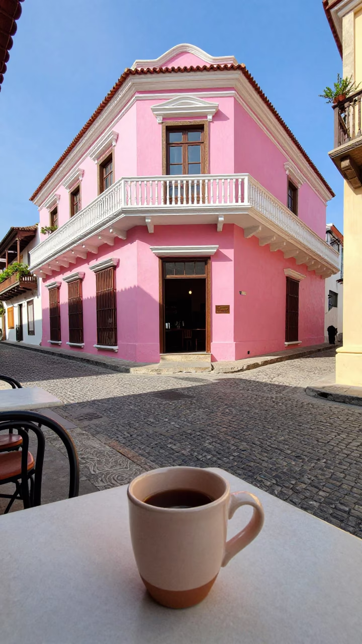 Colonial Street Corner Cafe in Cartagena Colombia with Ceramic Cup and Ferns in in Cartagena, Colombia