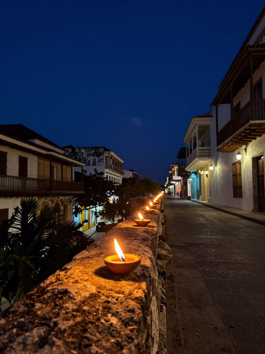 Colonial Street in Cartagena at The Deepest Night Sky Light in in Cartagena, Colombia
