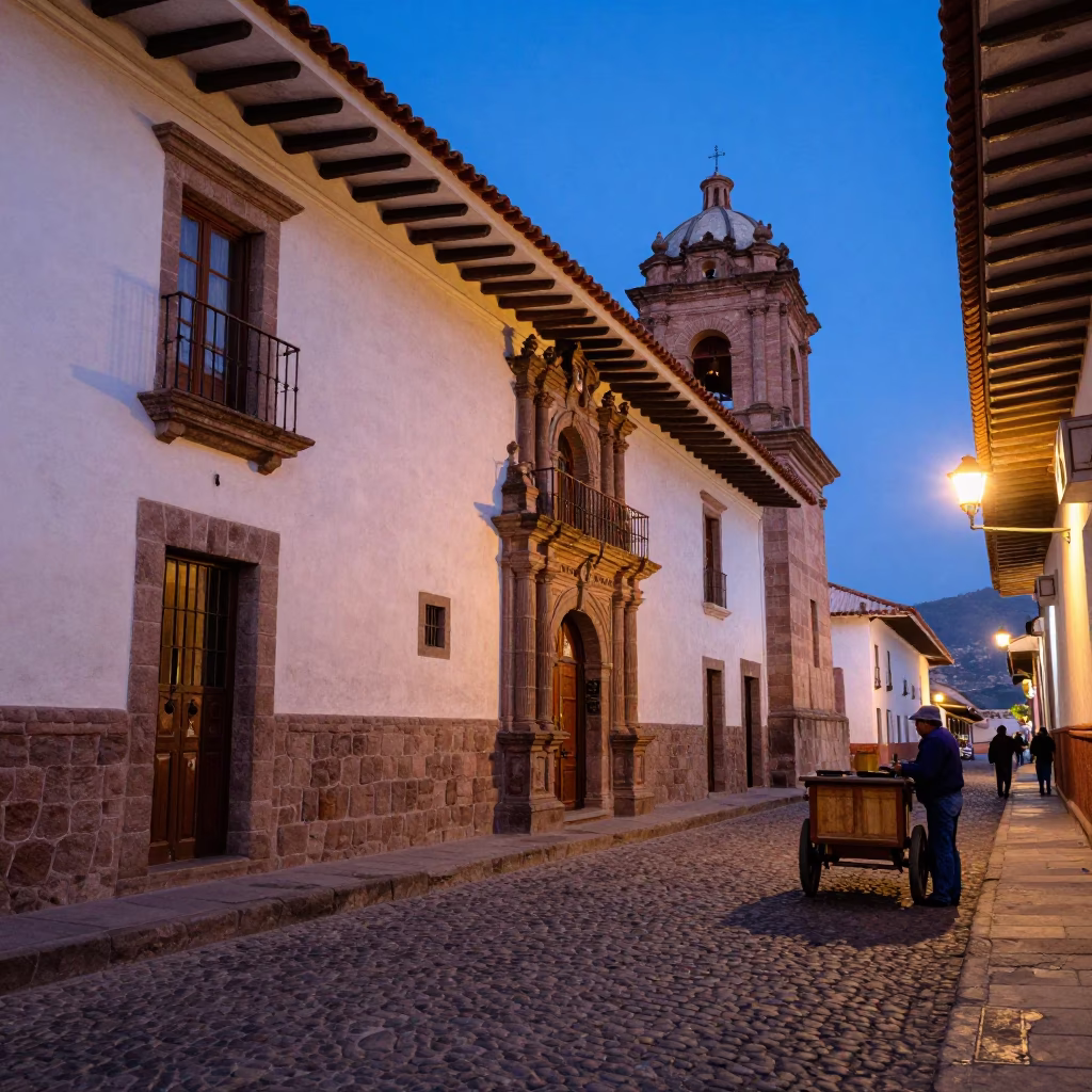 Colonial Street in Cusco at Nautical Dawn Light in in Cusco, Peru