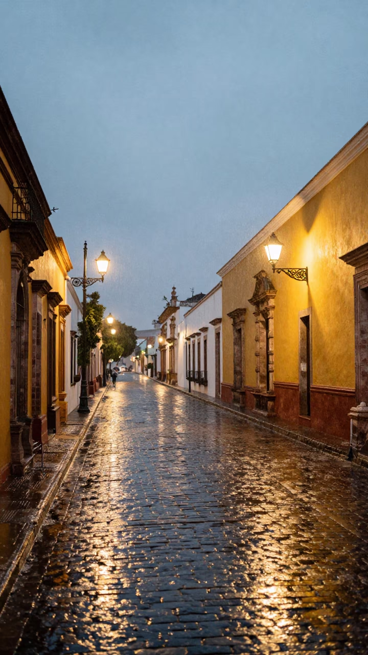Colonial Street in Merida at Dusk Light in in Merida, Mexico