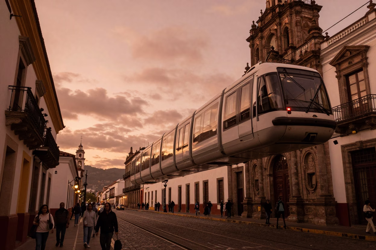 Colonial Street in Quito at Copper-toned Light Before Dusk in in Quito, Ecuador