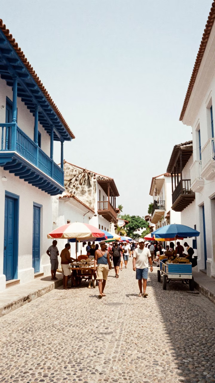 Colonial Street Scene in Cartagena Colombia Noon Light with Local Market Activity in in Cartagena, Colombia