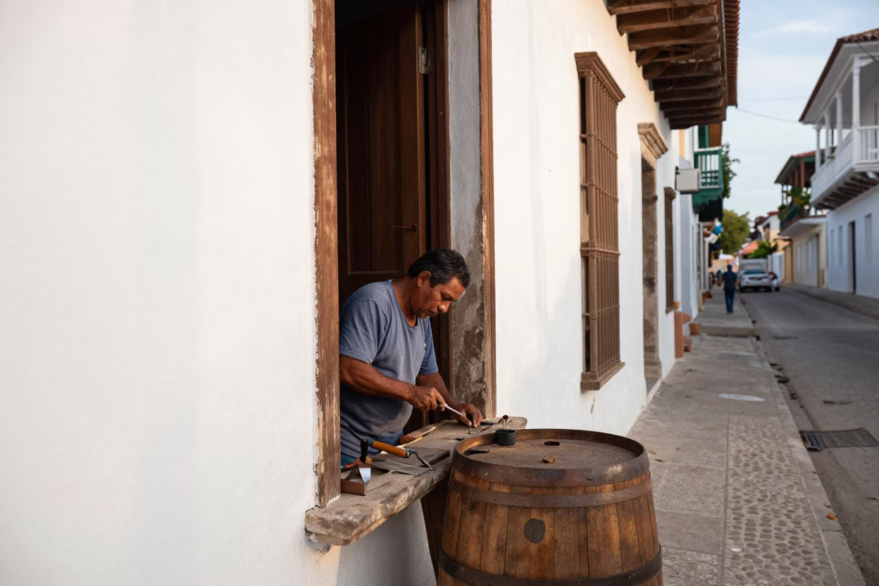Colonial Street Scene in Cartagena Colombia with Hand Tool and Barrel Cactus in in Cartagena, Colombia