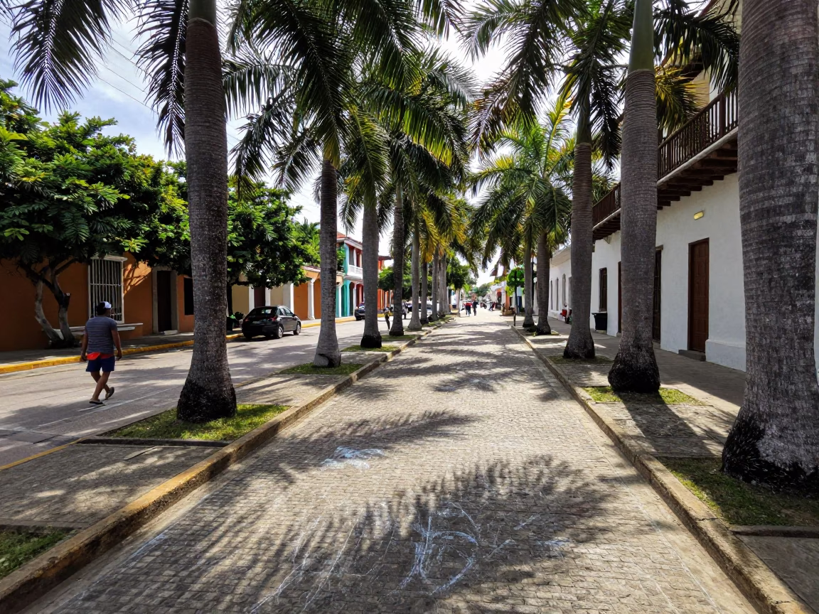 Colonial Street Scene in Cartagena Colombia with Palm Trees and Chalk Drawings in in Cartagena, Colombia