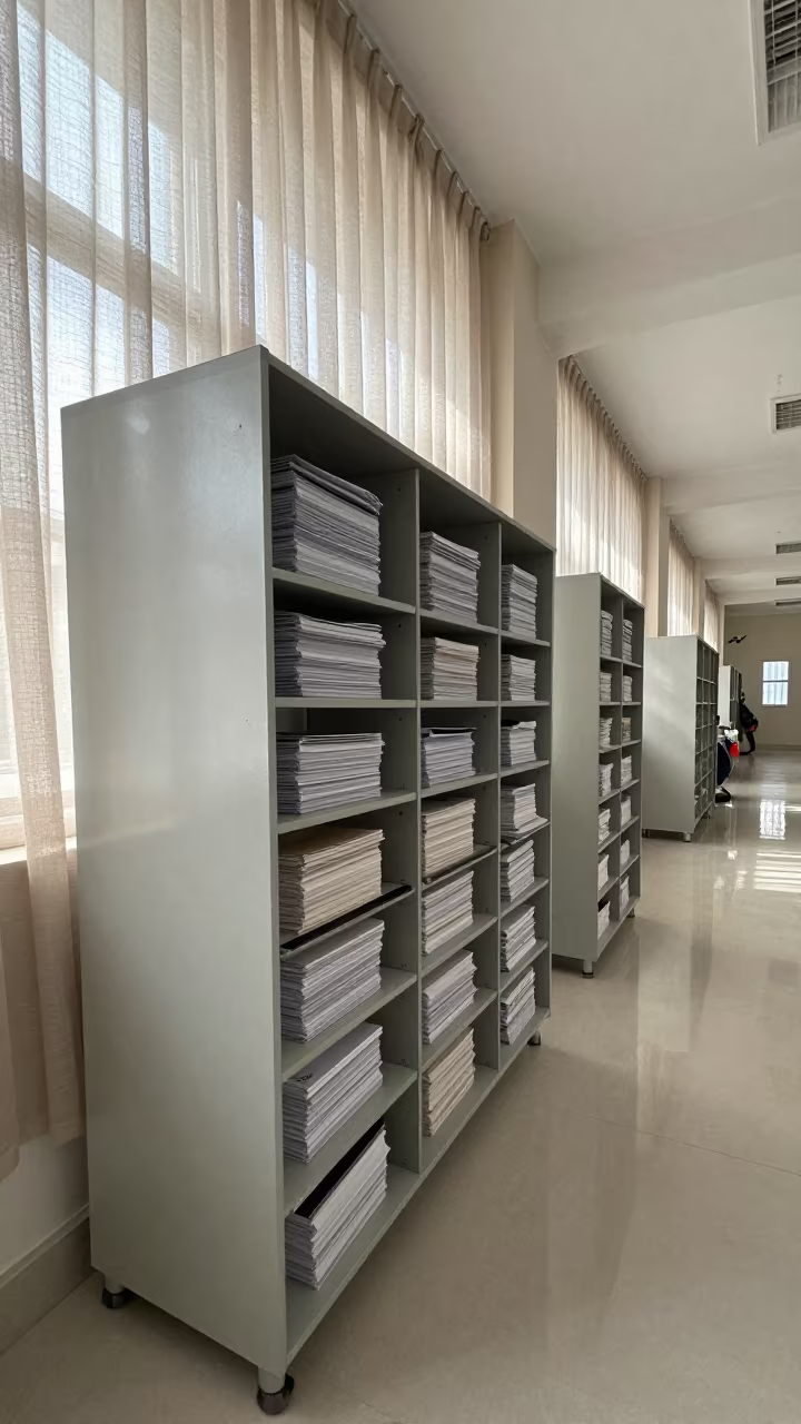 Colonoscopy Prep Folder Rack in Medan Hospital Corridor in inside a hospital corridor in Medan