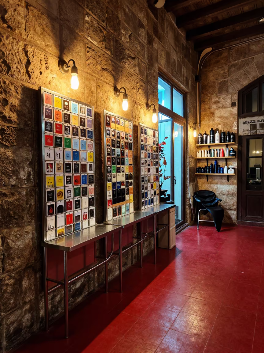 Color Card Rail in Cairo Fitting Room Night in inside a fitting room corridor in Khan el-Khalili, Cairo