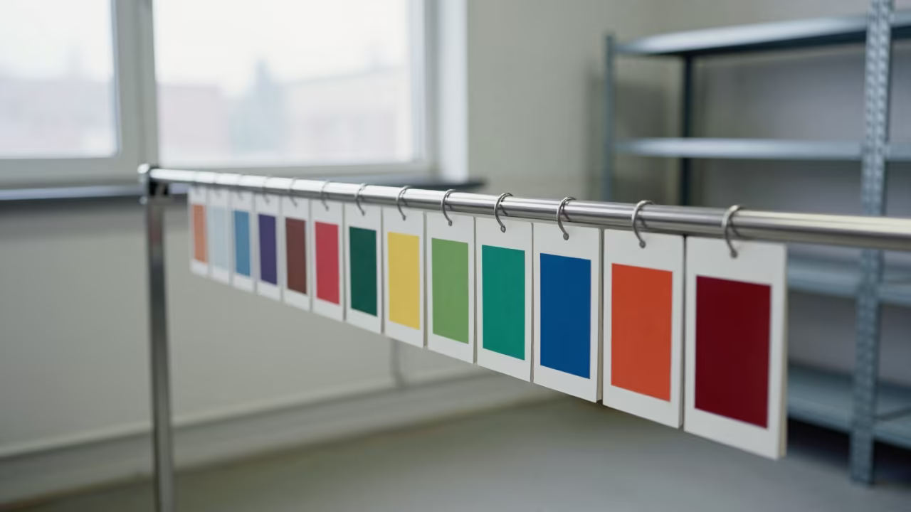 Color Card Rail in Winter Stockroom in inside a stockroom behind the sales floor near Santiago