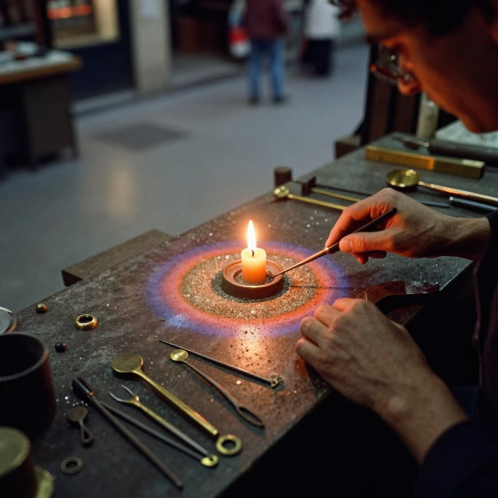 Color Halo on Metal Dust in Zaragoza Workshop in inside a goldsmith workshop behind the market lane near Zaragoza
