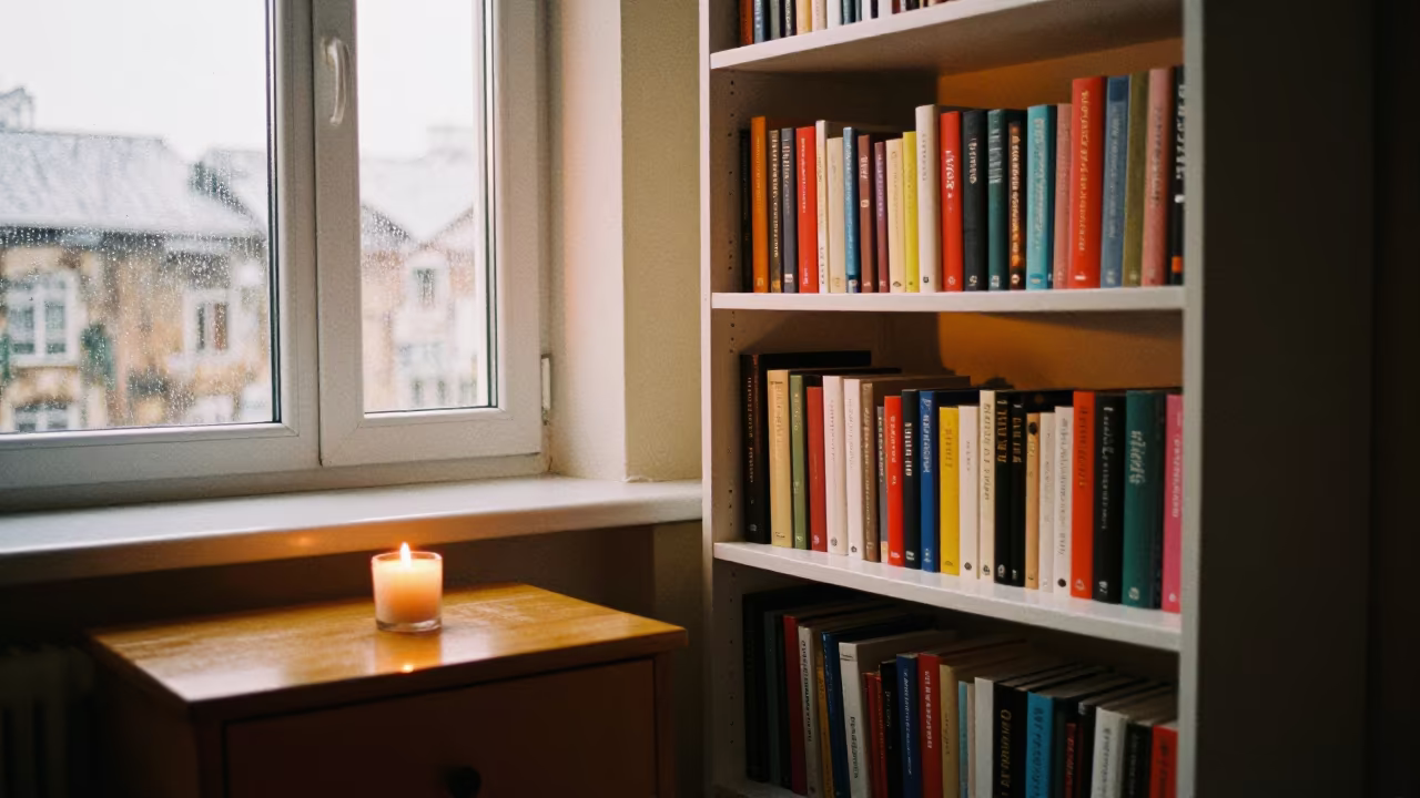 Color Sorted Books in Candlelit Moscow Bedroom in in a candlelit bedroom near Moscow