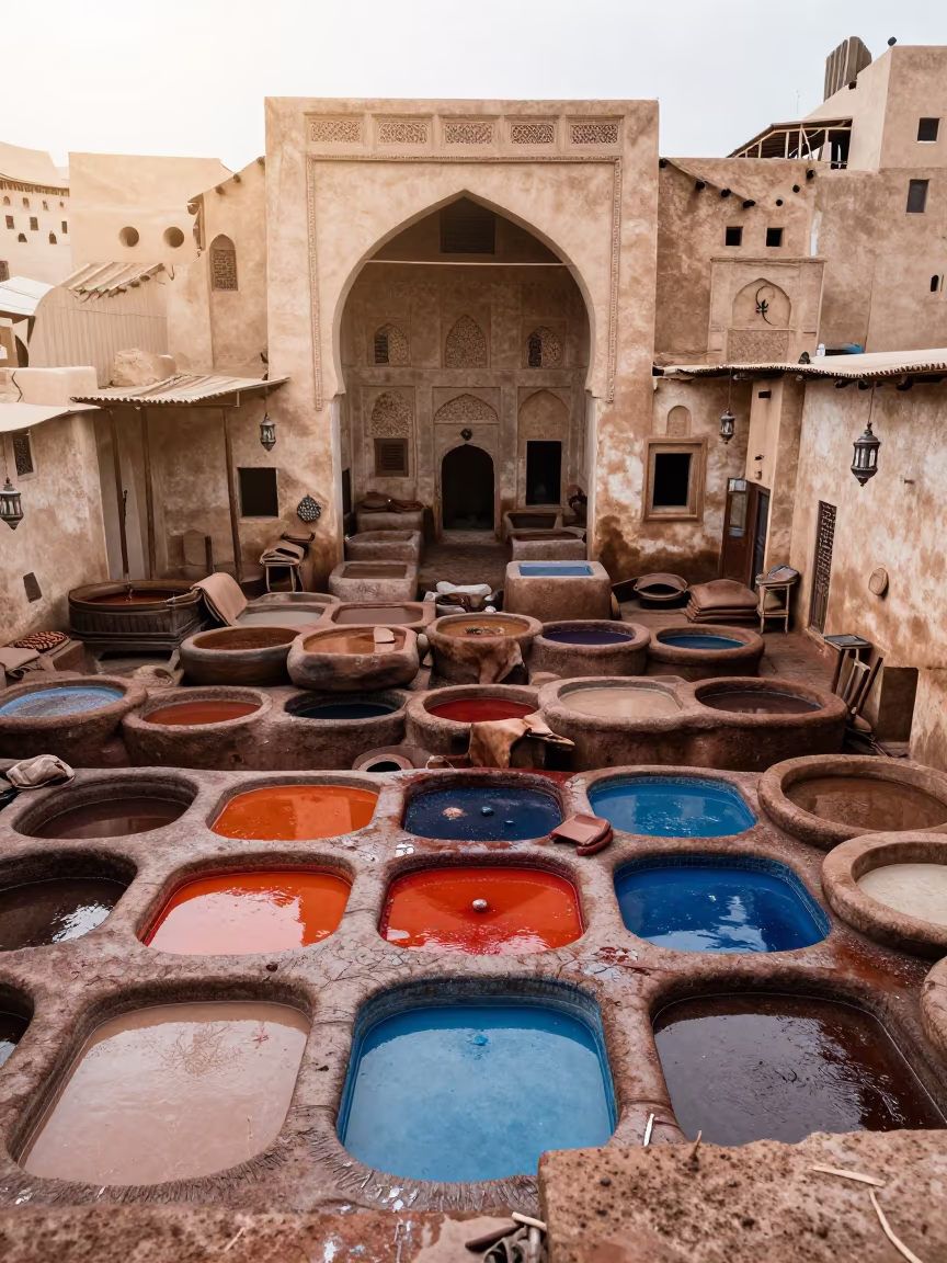 Colored Dye Pits in Fez Leather Tanning Shrine in in a shrine lined with lanterns near Fez