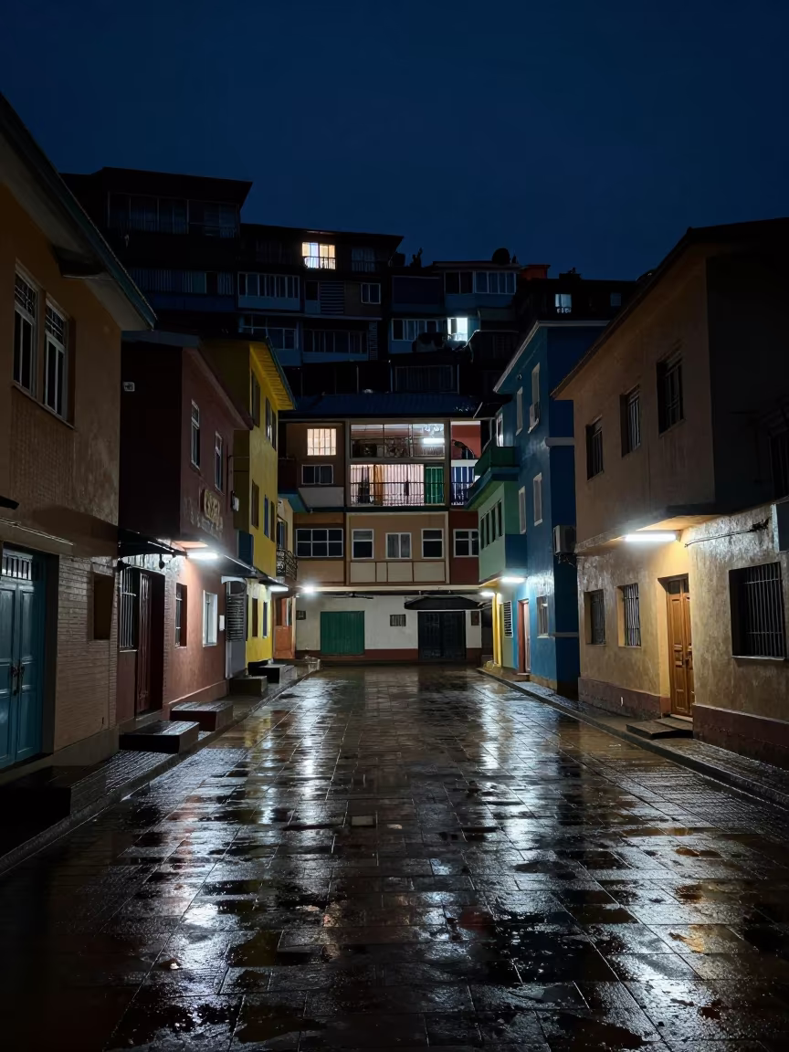 Colored Favela Facades in Gabela Vaulted Atrium in inside a vaulted atrium in Gabela