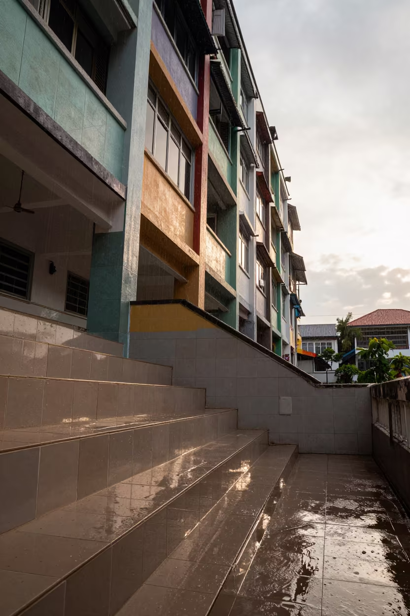 Colored Favela Facades on Kuala Terengganu Stair Hall in inside a tiled stair hall in Kuala Terengganu