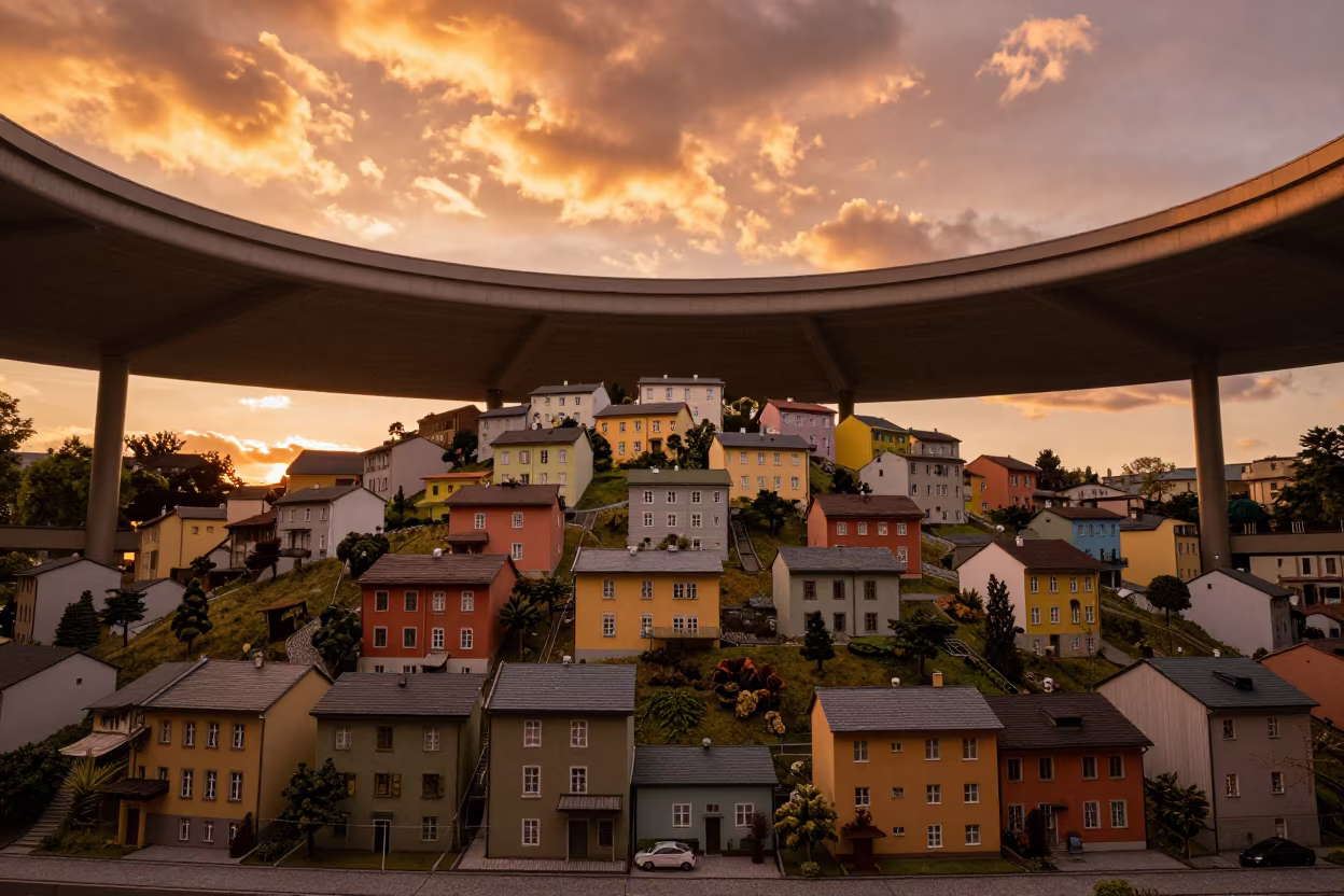 Colored Favela Facades in Linz Atrium in inside a vaulted atrium in Linz