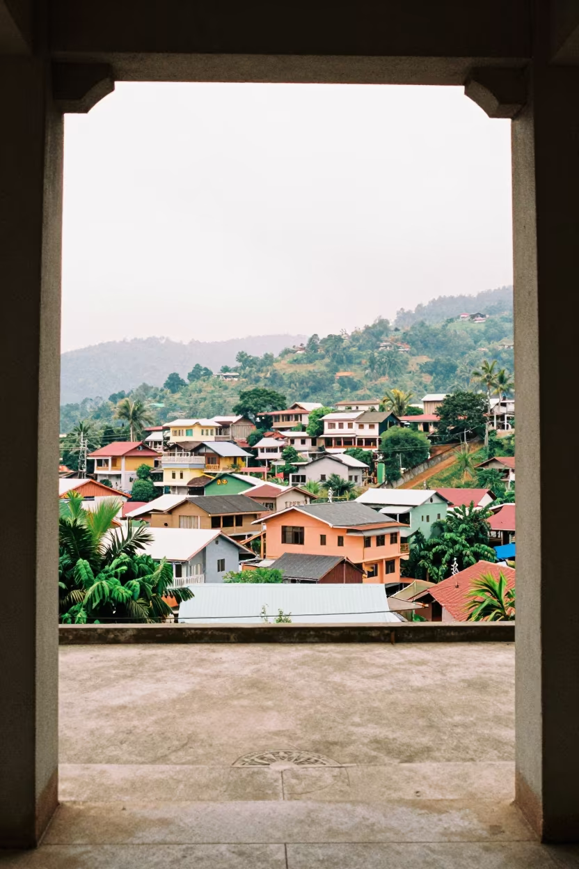 Colored Favela Facades in Vang Vieng Concrete Lobby in inside a ribbed concrete lobby in Vang Vieng