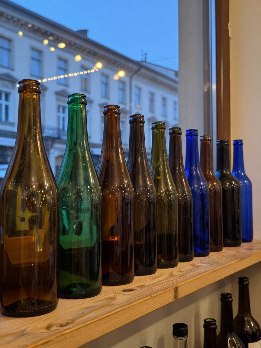 Colored Glass Bottles on Ledge in Budapest Twilight in on a painted display ledge in Budapest