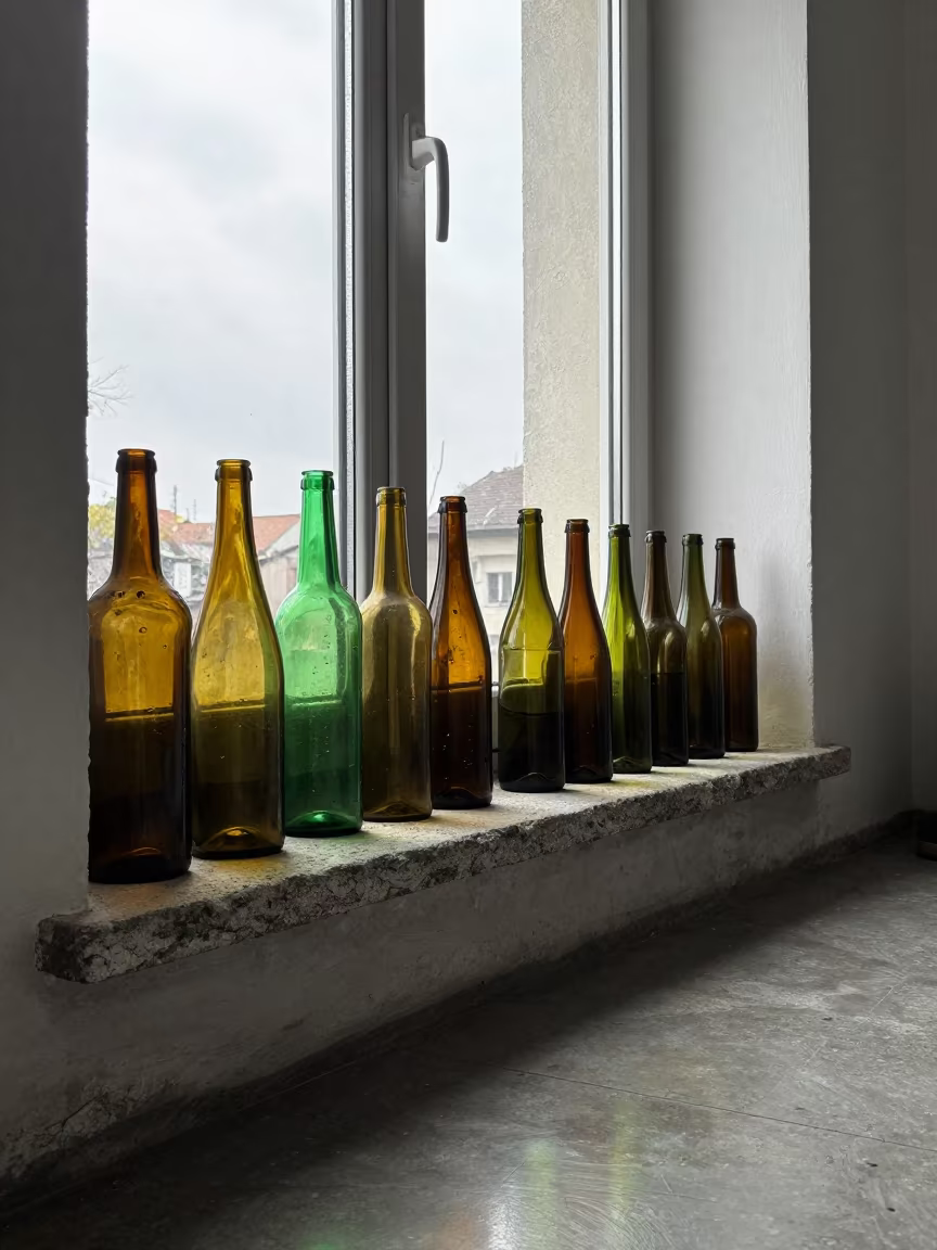 Colored Glass Bottles on Stone Ledge Bucharest in on a stone ledge in Bucharest