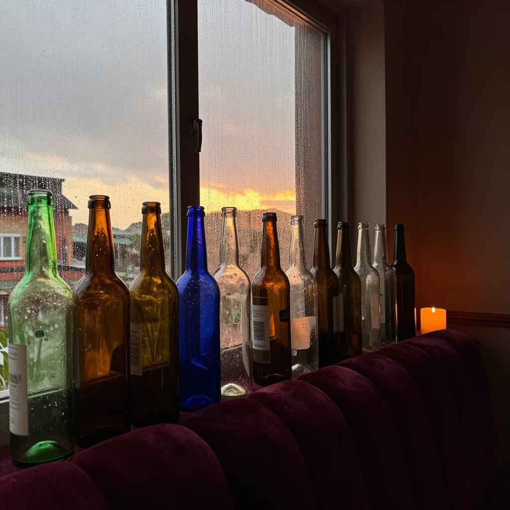 Colored Glass Bottles on Velvet Chair Golden Hour in on a velvet chair near Windhoek