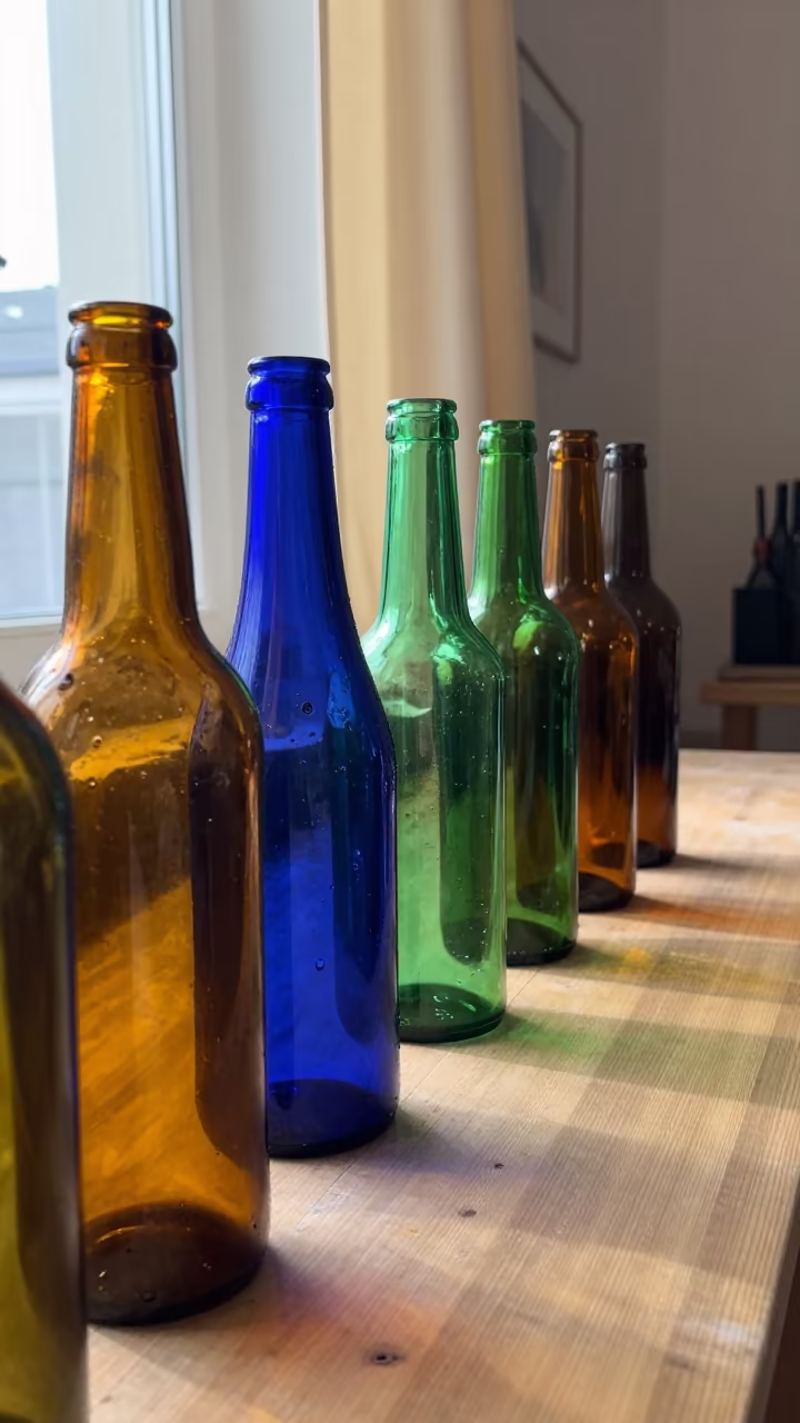 Colored Glass Bottles on Wooden Bench in on a wooden workbench near Dusseldorf