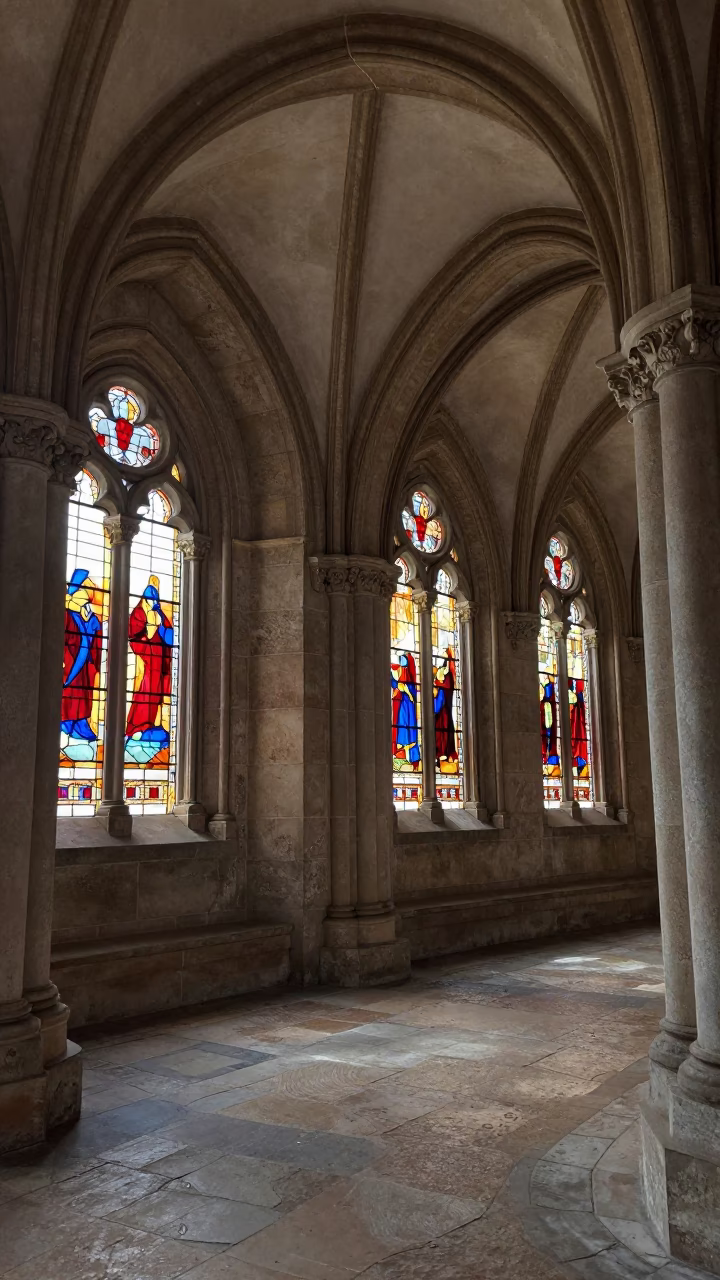Colored Light in Budapest Stone Cloister in inside a stone chapel in Budapest