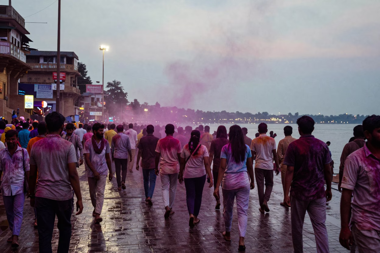 Colored Powder Cloud Over Varanasi Street at Twilight in at a festival street procession in Varanasi